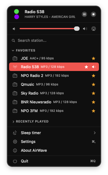 AirWave menu bar app on macOS